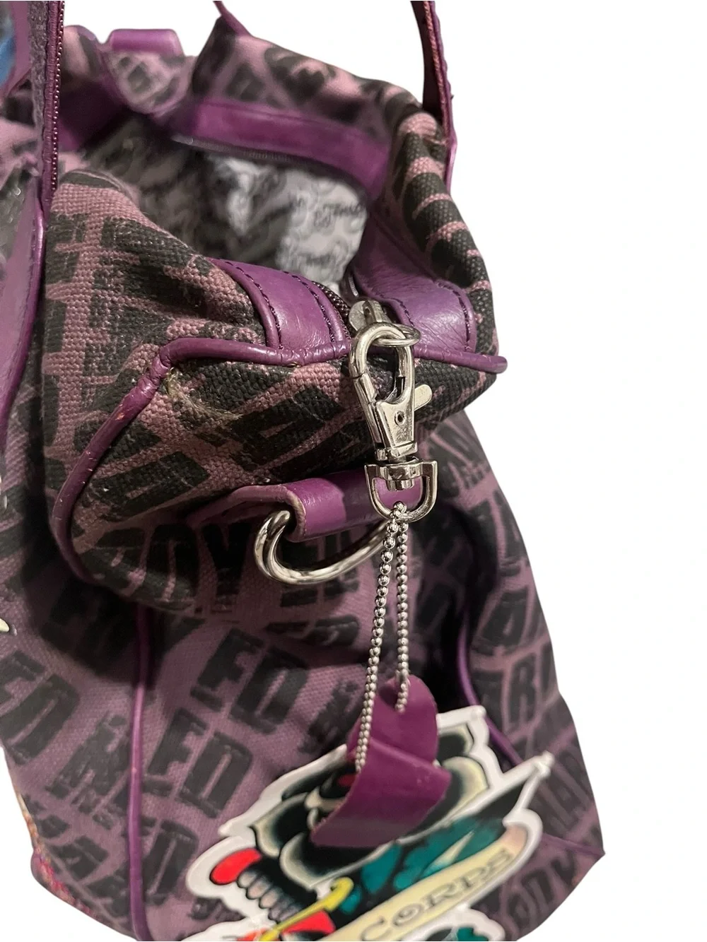 Ed Hardy Purple Geisha Print Tote with Multicolor Accent
